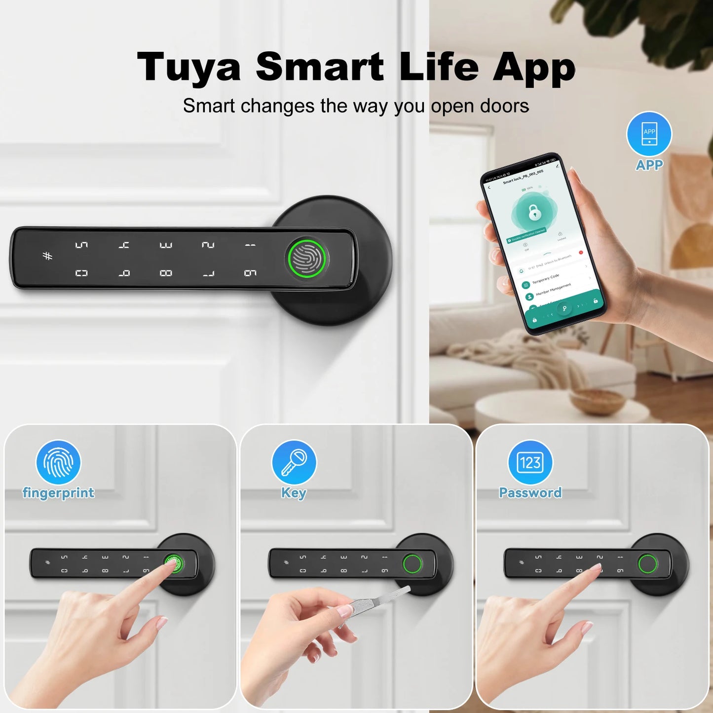 Tuya Bluetooth Fingerprint Electronic Door Handle Lock Smart Lock System Security Protection Smart Home Devices